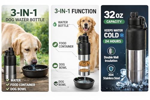 Portable Dog Water Bottle with Built-in Bowl, Leakproof Pet Travel Water Dispenser, 32oz Stainless Steel Dog Water Bottle ...