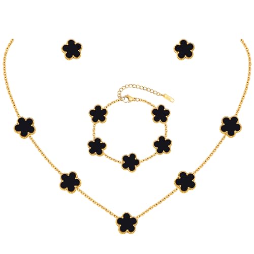 Gold Necklaces Bracelets Earring Set - 18K Gold Plated Flower Bracelet Chain,Stainless Steel Non Tarnish Floral Pendant St...