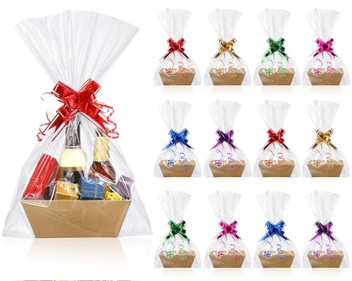 Canlierr 50 Pcs Baskets for Gifts Empty Set 12 Pcs 10 x 7 x 3 Thick Kraft Market Tray Small Gift Baskets 18 Clear Gift Bag...
