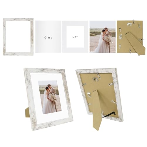 Hongkee 8x10 Picture Frame Set of 2, Made of Real Glass and Distressed White Wooden Frame - Display Picture 5x7 with Mat o...