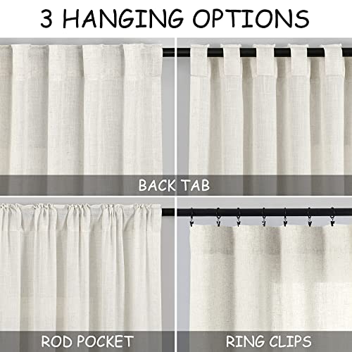 Cream Linen Back Tab Curtains 84 Inch Length for Living Room 2 Panel Set Neutral Modern Farmhouse Window Privacy Semi Shee...