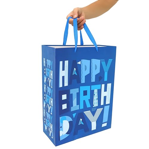 wishinside 16.5” Extra Large Blue Gift Bags Set with Greeting Card and Tissue Papers (Blue Happy Birthday) for Men's Birth...