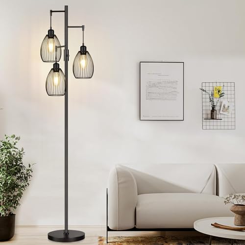 Dimmable Floor Lamp, 3 x 800LM LED Edison Bulbs Included, Farmhouse Industrial Floor Lamp Standing Tree Lamp with Elegant ...