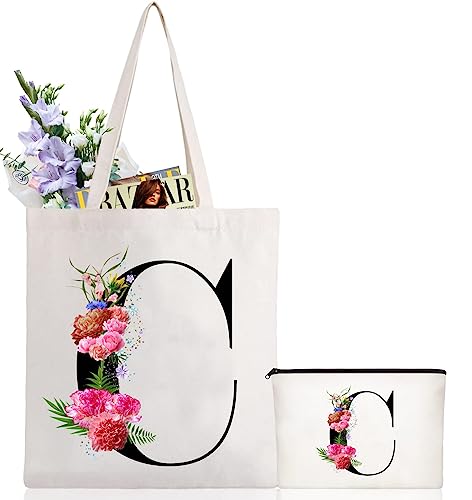 Andeiltech Initial Canvas Tote Bag Floral Letter Personalized Makeup Bag Monogrammed Gift for Bridesmaids Birthday Wedding
