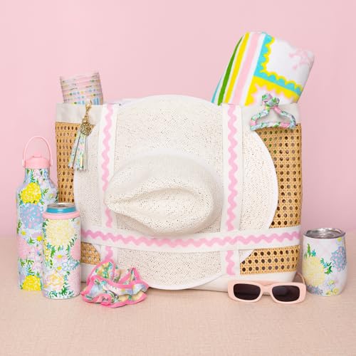 Lilly Pulitzer Large Travel Tote Bag with Hat Holder Strap, Caning Beach Bag with Tassel Keychain