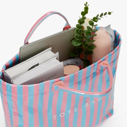 Lushandy Striped PVC Tote Bag for Women, Waterproof Plastic Tote Bag for Beach Pool Large Top Handle Travel Hobo Handbag