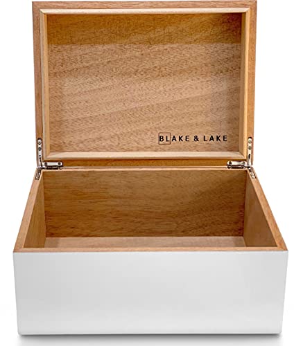 Blake & Lake Large Wooden Keepsake Box - White, Hinged Lid - Decorative Storage Box for Jewelry and More