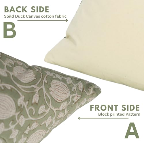 Fabritual Block Print Pillow Covers 14x14 Inch – Solid Handmade Cotton Linen Cushion Cover with Floral Print, Invisible Zi...