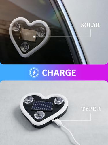 Car LED Ambient Light - Solar-Powered Heart-Shaped LED Neon Light, Wiring Free, Switchable Modes, Romantic Mood Decoratio...