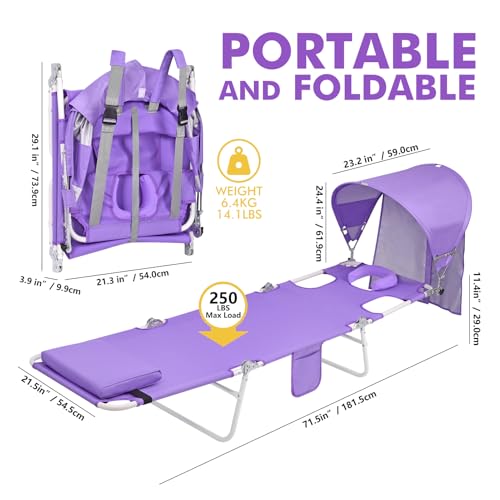 Backpack Beach Tanning Chair with Canopy Sun Shade & Face Hole, 6 Position Folding Lounge Sun Chair for Adults Outside Rea...