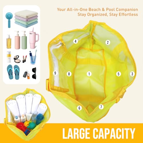 ASBEFORE Large Mesh Beach Tote Bag, 9-Pocket Foldable Summer Vacation Beach Bag for Travel, Pool, Gym, Cruise