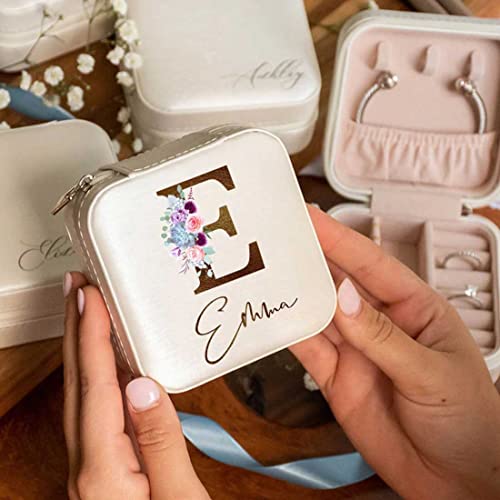 DayOfShe Personalized Bridesmaid Gifts-Travel Jewelry Box for Bachelorette Party Gifts-Leather Initial Floral Jewelry Orga...