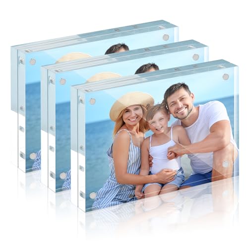 HOUSE DAY Acrylic Picture Frames 4x6, 3 Pack Magnetic 4 x 6 Picture Frame, Double Sided Clear 4x6 Photo Frame with Microfi...