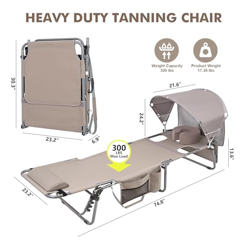 Tanning Chair with Sun Canopy Face Hole Softer Padded Adjustable Washable, Heavy Duty Layout Folding Lounge Chair for Adul...