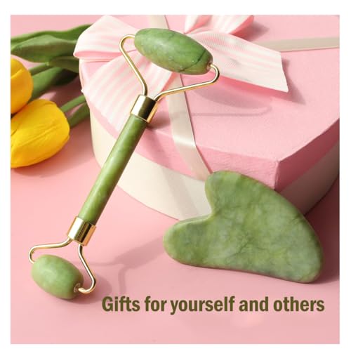 Jade Roller Gua Sha Facial Tools & Scraping Skin Care Tools Kit, Self Care Gift for Men Women (Green)