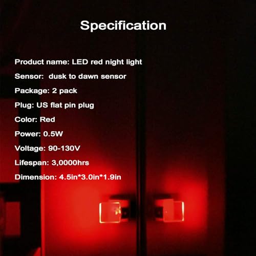 U4GLORY Red Night Lights Plug in 2 Pack, 0.5W Red Light Night Light with Dusk to Dawn Sensor, Auto On/Off LED Night Light ...