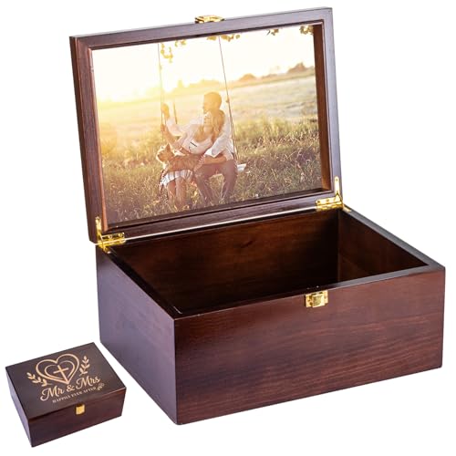 Larger Wooden Wedding Memory Keepsake Boxes With Hinged Lids and a photo frame inside the lid Bridal Shower Gifts - Engage...