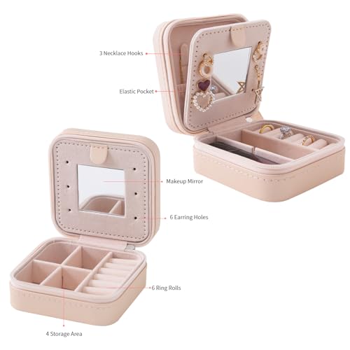 KElofoN Travel jewelry case Travel jewelry box Travel Jewelry Organizer Small box Gift for Girls Women with Mirror(Pink)