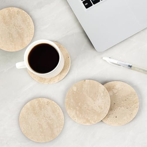 YONGHEE Italian Travertine Coasters Set of 5 with Holder, Round Beige Marble Drink Coasters for Coffee Table Decor Housewa...