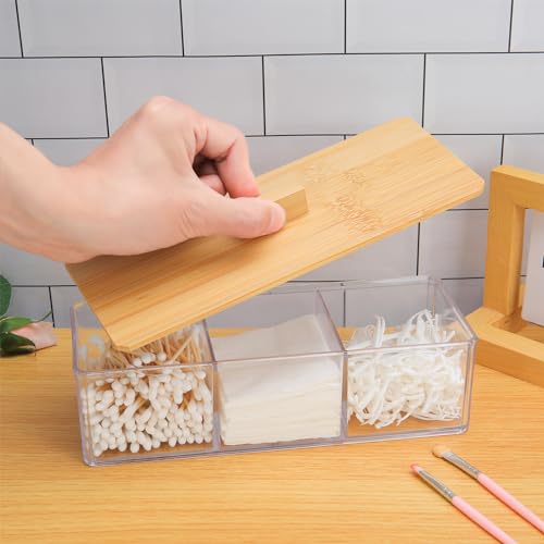 Sohalejr Wood Qtip Holder 3 Compartments Cotton Ball and Swab Holder Organizer with Lid,Jar for Cotton Rounds,Bathroom Con...