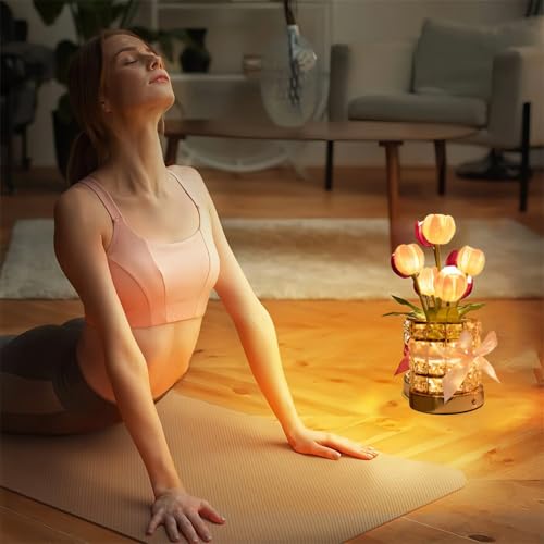 TXGZYBhg Tulip Flower Planet Lamp with Remote Control, Rechargeable Cordless Touch Dimming Artificial Flower Desk Lamp, LE...
