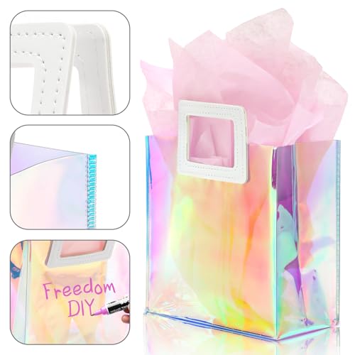 KeerxunBag 1 Pack Holographic Gift Bags with Handles & 2 Tissue Paper Sheets – Iridescent Transparent Reusable Bags for Wo...