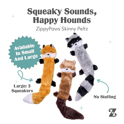 ZippyPaws Skinny Peltz - No Stuffing Dog Toy Pack to Keep Them Busy, for Medium and Large Dogs, Squeaky Pet Toys, Unstuffe...
