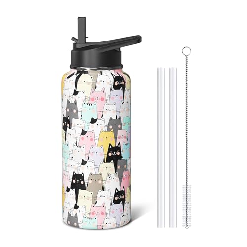 Sabobo Cat Gifts 32oz Water Bottles for Women Men, Cute Cats Stainless Steel Leak Proof Sport & Gym Water Bottle with Flip...