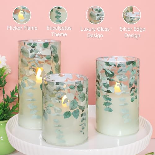 Immeiscent Green Glass Flameless Candles Remote Timer Eucalyptus Leaves Greenery Design Battery Operated Flicker Pillar Ca...
