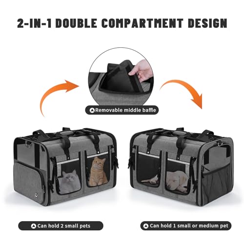 Groxkox Cat Carrier for 2 Cats, Foldable Double Cat and Dog Carrier, Small to Medium Size, 2 Front Zippered Compartments,T...