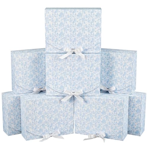 Kolldenn 8 Pack Blue Floral Bridesmaid Proposal Gift Boxes with Ribbon Lids 7.87x10.6x3.2In Toile Flower Empty Paper Box f...