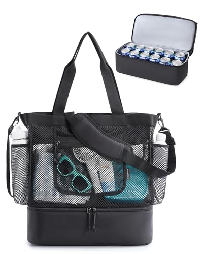 BAGSMART Beach Bag for Women, Mesh Tote Bags with Zipper, Sandproof Vacation Essentials with Cooler for Swim Cruise Pool