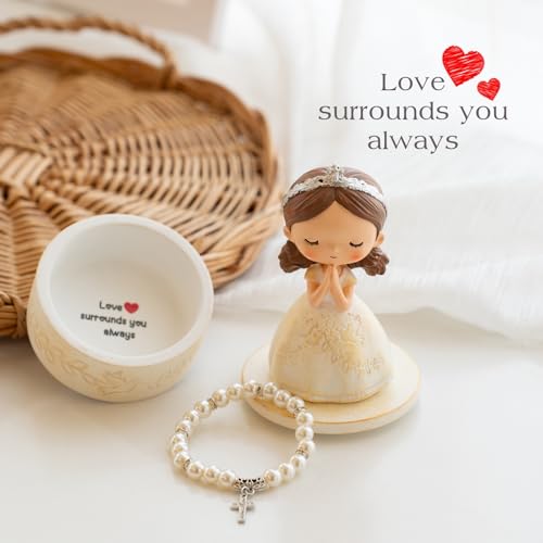 First Communion Gift Set for Girls - Resin Prayer Girl Figurine with Dove & Olive Branch Design, White Religious Keepsake ...