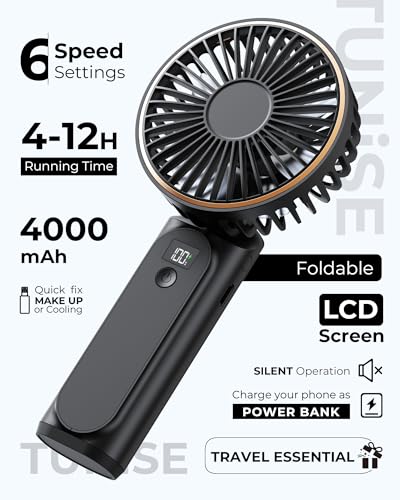 TUNISE Portable Handheld Fan, Portable Fan Rechargeable, 4000mAh, 180° Adjustable, 6 Speed Wind, Display Electricity in Re...