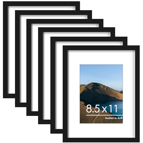 PEALSN 8.5 x 11 Picture Frame Set of 6, Display Pictures 6x8 with Mat or 8.5 x 11 without Mat for Wall Mounting Display, P...