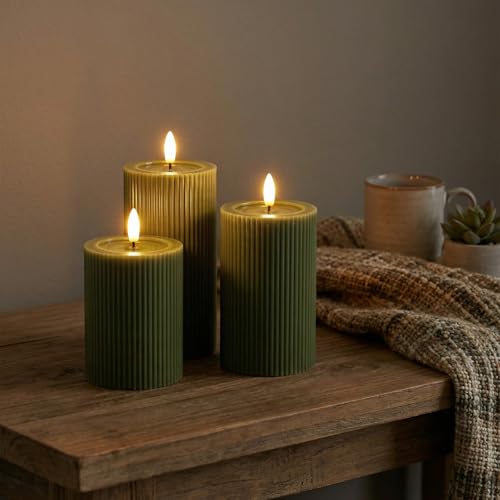 WYZworks Ribbed Fluted Real Wax Flameless LED Pillar Candles, Loden Sage Olive Green, Melted-Wax Top Look, Flickering Flam...