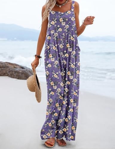 YESNO Women's Summer Casual Overalls Loose Wide Leg Jumpsuits Boho Floral Printed Baggy Rompers with Pockets PZH