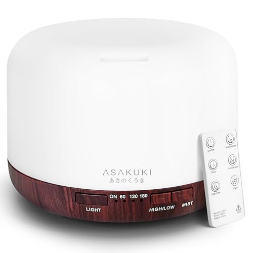 ASAKUKI Essential Oil Diffuser for Home, 500ML Aromatherapy Diffuser Humidifier with Remote Control, 7 Color LED Lights, Q...