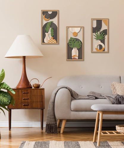 Putuo Decor Boho Abstract Wall Art Set of 3, Modern Minimalist Wooden Wall Decor, Geometric Aesthetic Botanical Artwork, M...