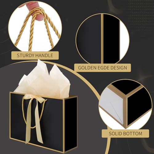 woric Black Gift Bags with Handles, 14" Medium Gift Bag with Tissue Paper, 2 Pcs Bags with 4 Tissue Paper and 2 Cards for ...