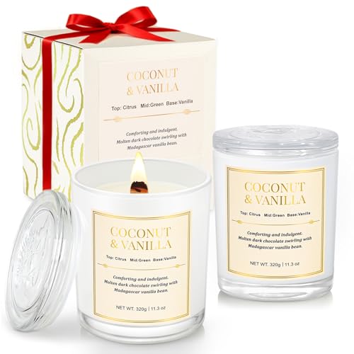 2 Pack Wood Wick Coconut & Vanilla Candle Gift Set – Long Lasting Soy Wax Candles with Gift Boxes, Holiday Aromatherapy Ca...