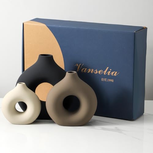 Vanselia Ceramic Vase Home Table Decor - Flower Vases Set of 3 Small Living Room Centerpiece Decorations for Shelf Bedroom...