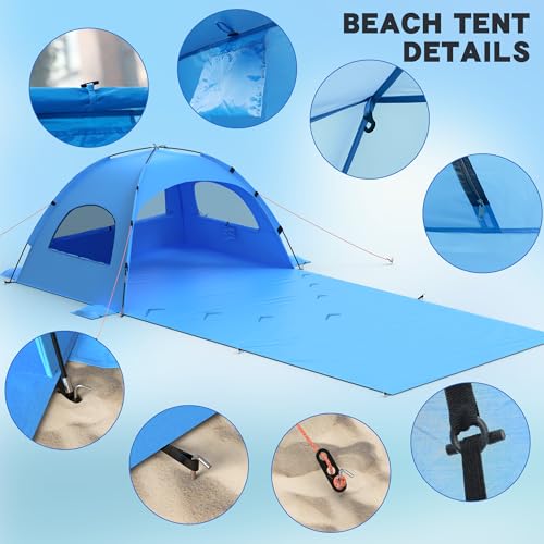 Beach Tent Sun Shelter with Extended Sand Mat 114×82inch，UPF 50+ Protection, 3 Double-Layer Windows for Enhanced Privacy; ...