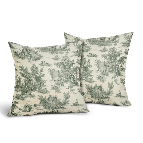 Green Toile Pillow Covers 18x18 Inch Set of 2 Olive and Beige French Country Cotton Linen Decorative Throw Pillow Case Cot...