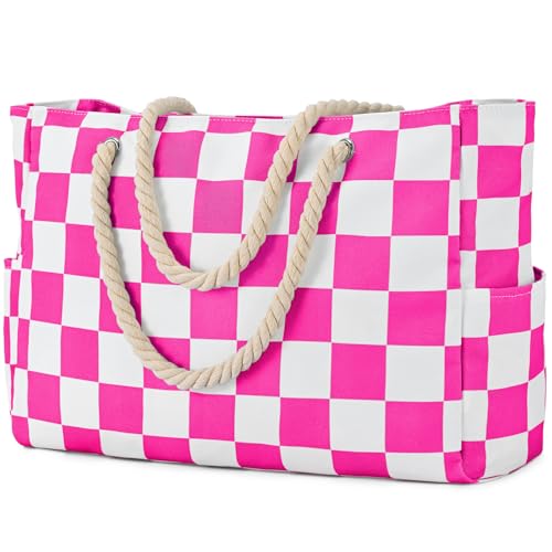 Becokan Beach Bags for Women Checkered Large Beach Tote Bag Zipper Beach Bags Waterproof Sandproof Canvas Swim Pool Bag