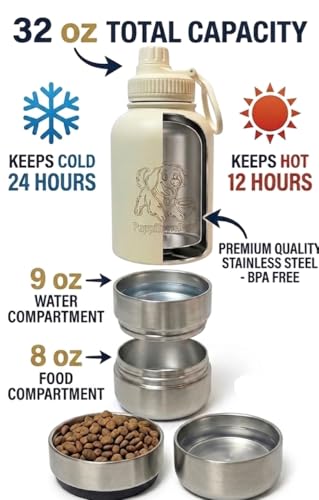 PuppiLovePets PuppiTravelBowl 3-in-1 Dog Travel Water Bottle – 32oz Insulated Aluminum Container with 2 Detachable Cups, L...