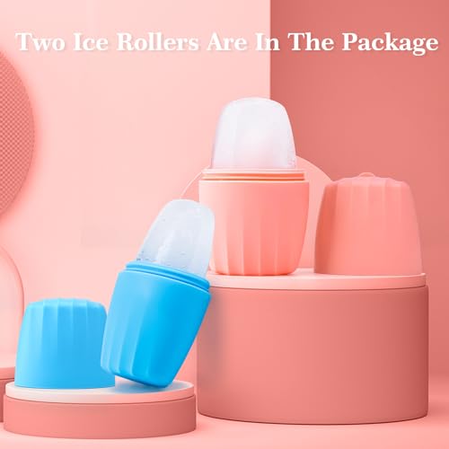 2 PACK Reusable Cube Silicone Mold Ice Roller For Face Cold Therapy Facial Massage Roller (Pink + Blue)