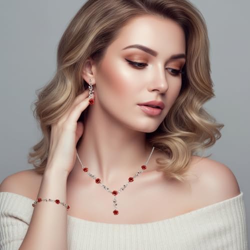 WJIAAA MBAIYO Red Rose Jewelry Set, 3Pcs Red Roses Flower Necklaces for Women Rose Dangle Necklace Bracelet Set Vintage Ea...