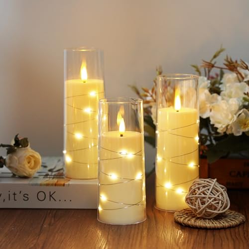 Flameless Candles,with Embedded Star String, Battery Operated Candles Flickering LED Pillar Candles with Remote Control an...