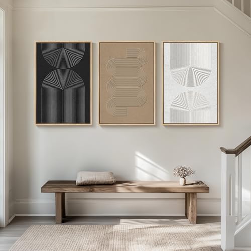 Large Framed Boho Modern Neutral Abstract Wall Art for Living Room, 3 Piece Black and White Canvas Prints Paintings Artwor...